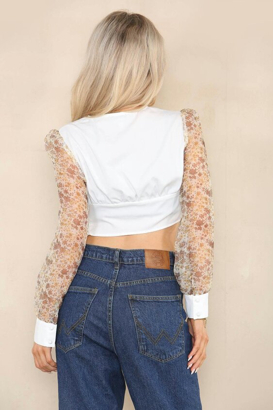 Elaina Fashion Women's Floral Print Long Puff Sleeve V-Neck Crop Top - Elegant Front Button with Half Ruched White Office Work Shirt Blouse