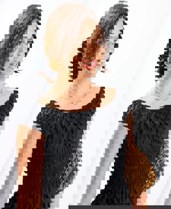 Needs No Label Black Cotton Shirred Bardot Midi Dress