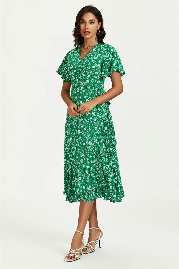 FS Collection Floral Print Midi Wrap Dress In Green
