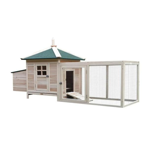 Wooden chicken coop with green roof and enclosed outdoor run with wire mesh doors