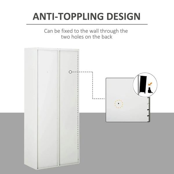 White filing cabinet with anti-toppling wall-fixing holes on the back.