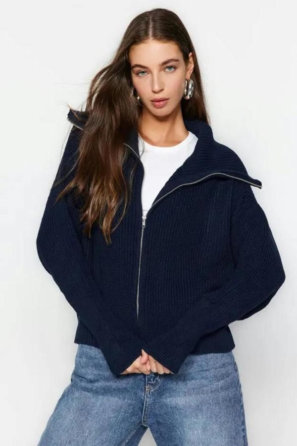 Hoxton Gal Oversized Draped Collar Zip-Up Knit Cardigan