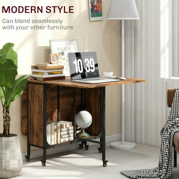 Rustic brown drop-leaf dining table with open storage shelf and black caster base