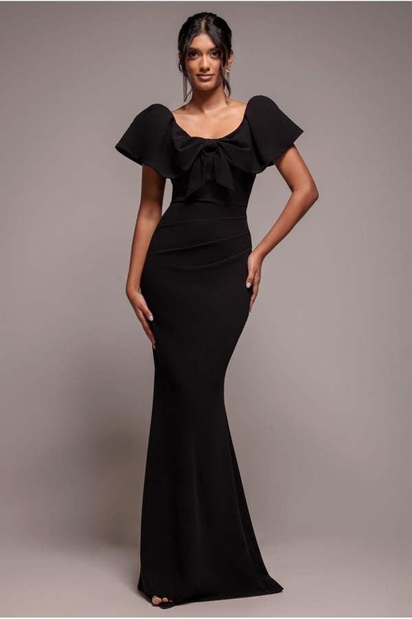 Cape Sleeve Detail Front Tie Maxi Dress - Black DR4908