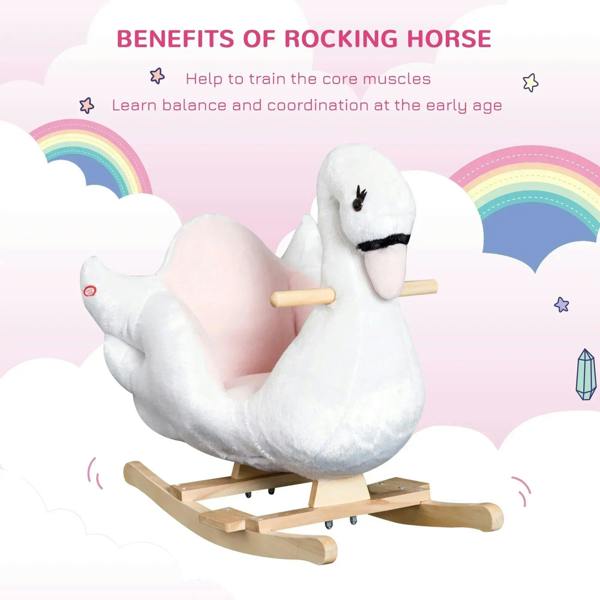 White plush swan rocking ride-on toy with pink padded seat and wooden handle