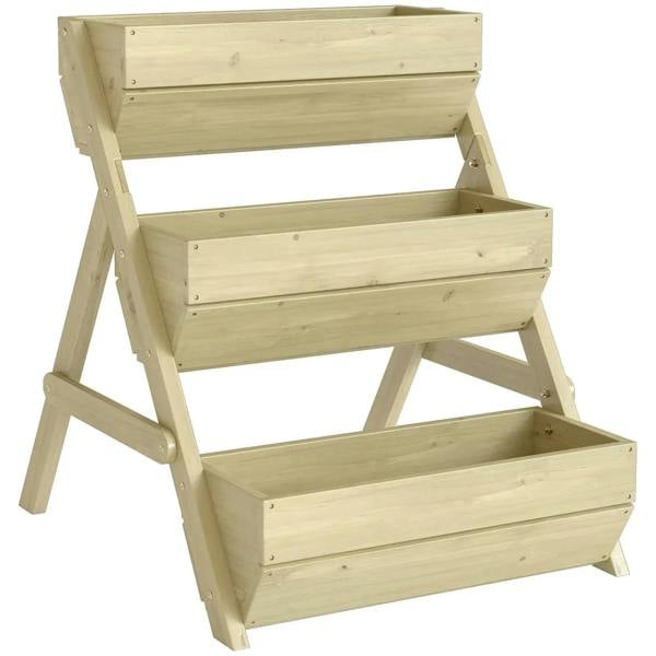 Three-tier wooden elevated planter box with slatted sides and A-frame legs