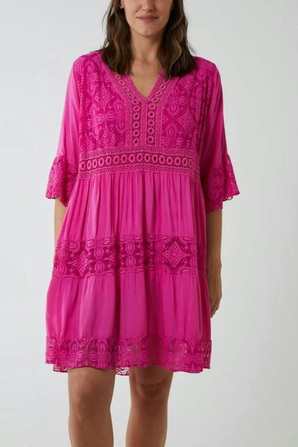 Hoxton Gal Oversized 3/4 Sleeves Lace Detailed V Neck Mini Dress in Fuchsia