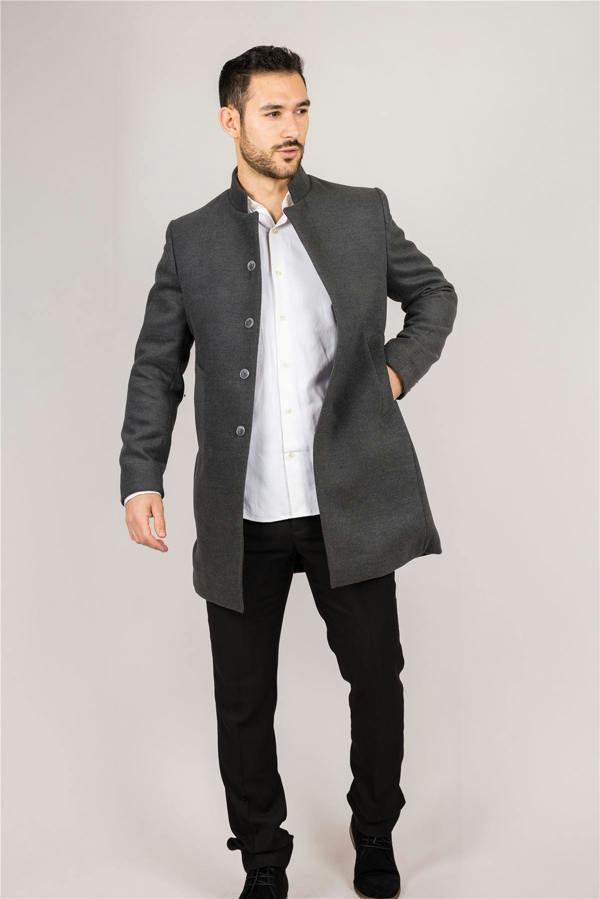 Infinity Leather Men's Grey Stand Collar Wool Blend Overcoat