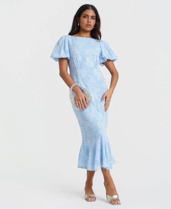 Needs No Label Blue Jacquard Shimmer Puff Sleeve Midi Dress