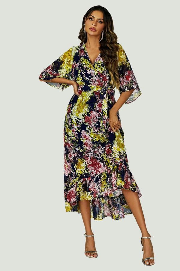 FS Collection Floral Print Wrap Top Kimono Sleeve Maxi Dress In Navy