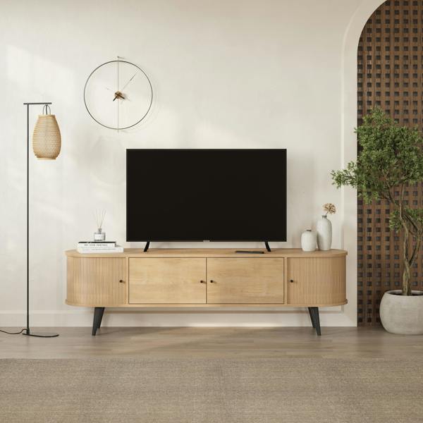 Decortie Modern Gentle TV Stand Oak with 2 Doors Storage Cabinet and 2 Sliding Doors for Storage Organizer 180(W)x40(D)x52(H)cm