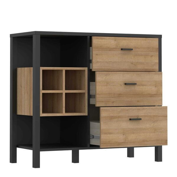 Wyld Haus Yokohama Black and Natural Oak Wood 3 Drawer Display Chest Bar Cabinet