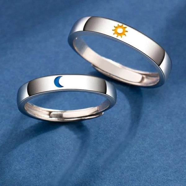 The Colourful Aura Adjustable Silver Couple Moon and Sun Matching Promise Ring set