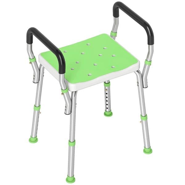 Green bath seat with aluminum frame, perforated plastic top, black armrests