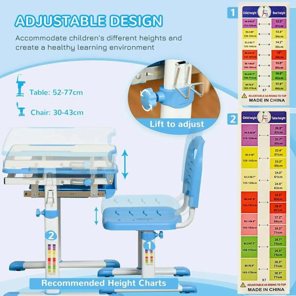 Kids blue adjustable desk and chair set showing lift height adjustment and chair range.