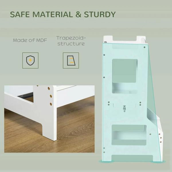 White MDF kids step stool with triple-step platform and chalkboard back