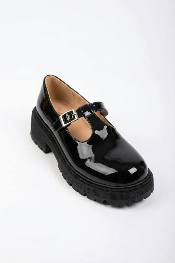 Saoirse Chunky Sole Patent T Shoes - Black