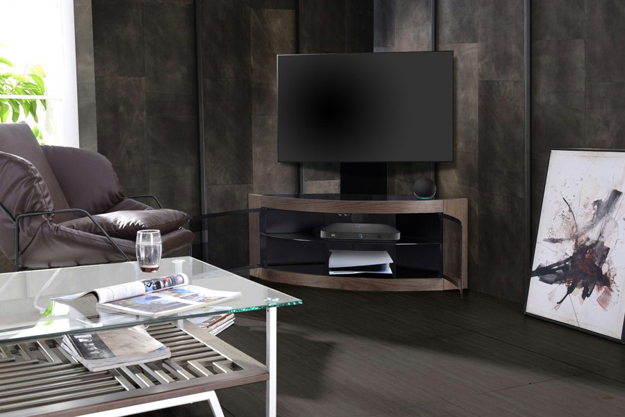 Centurion Supports PANGEA Black/Walnut Beam-Thru Curved True-Corner 32"-50" TV Cabinet with Mounting Arm