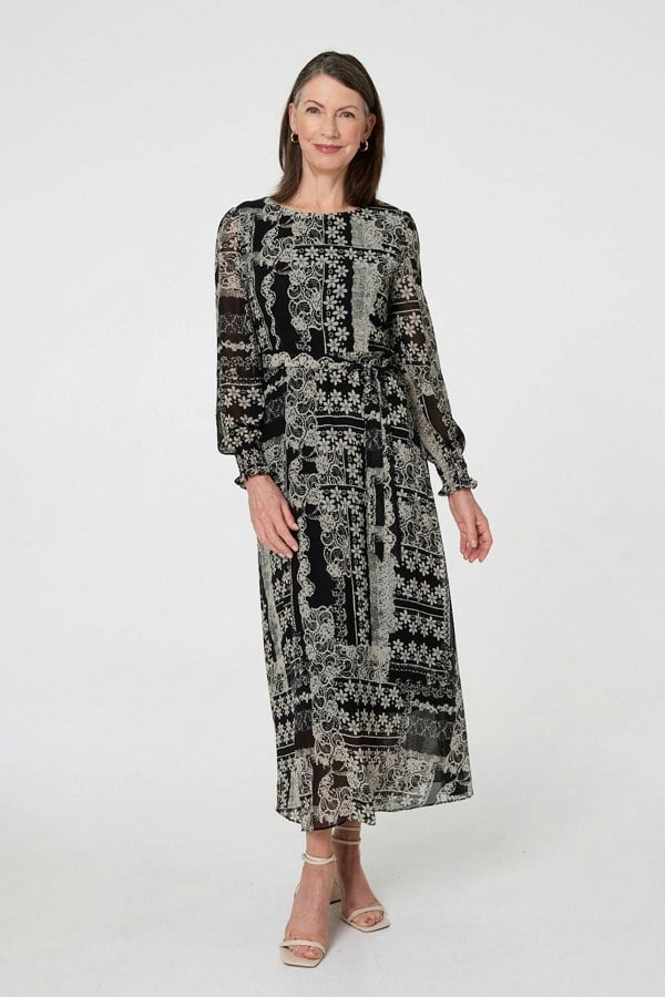 Black | Floral Patchwork Print Long Dress
