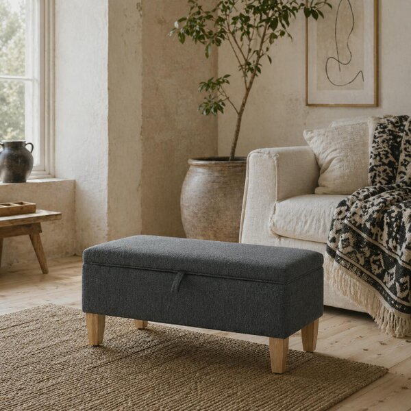 Wyld Haus Cose Linen Dark Grey Storage Ottoman With Padded Seat Natural Wooden Legs