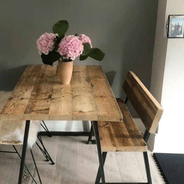 Light driftwood 120cm reclaimed dining table and 90cm bench with back