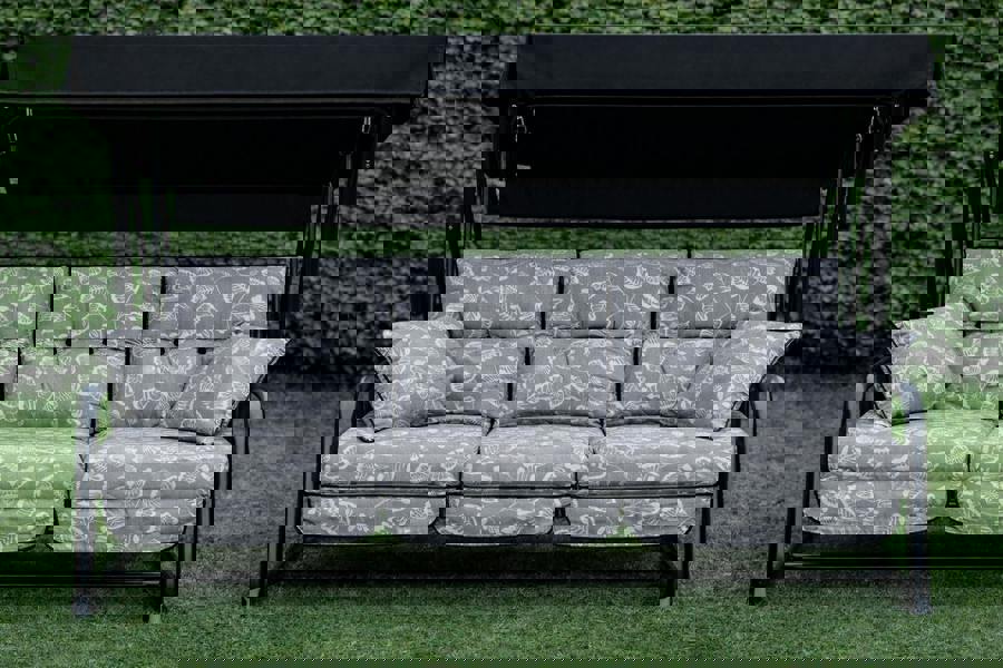 REPLACEMENT CUSHION ONLY Vienna Deluxe 3 Seater Garden Hammock (Pattern options available) 153cm (H) x 140cm (W) X 121cm (D) Aspen Grey Leaf The Garden Furniture Shop