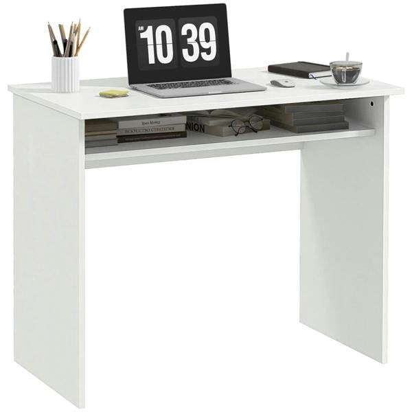 White wood-grain computer desk with open storage shelf and wide tabletop