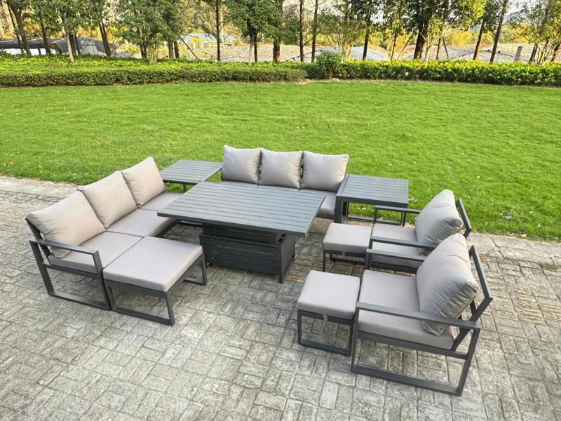 Fimous 11 Seater Garden Furniture Set Aluminium Outdoor Dining Set with Adjustable Rising Lifting Dining Table & Cushions 2 Side Tables Dark Grey