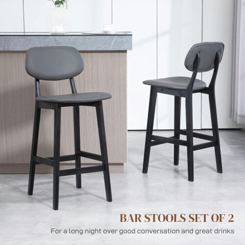 Wyld Haus Lavidiel Faux Leather Dark Grey Bar Stools Set Of 2 With Back Support And Wood Legs
