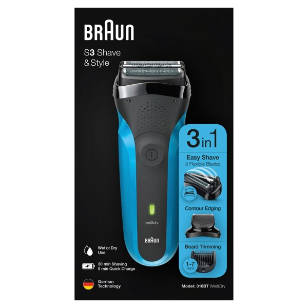 Braun Series 3 Shave & Style 310BT Electric Shaver, Wet & Dry Razor for Men - Black/Blue