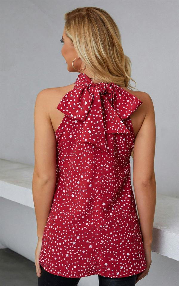 FS Collection White Star Print Halter Neck Tie Back Top In Red
