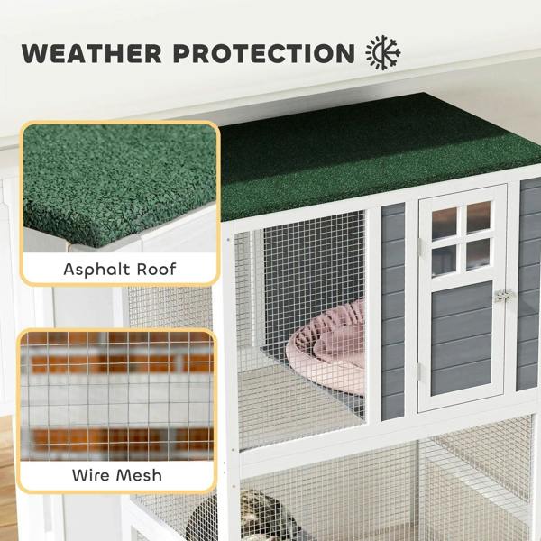 White outdoor cat enclosure with green waterproof-style roof and enclosed wire mesh runs