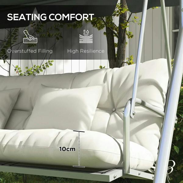 White overstuffed patio swing cushions with quilted channels and tufted button details