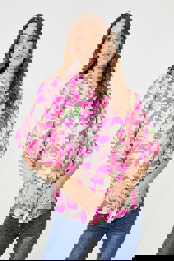 Pink | Floral Puff Sleeve Collared Shirt
