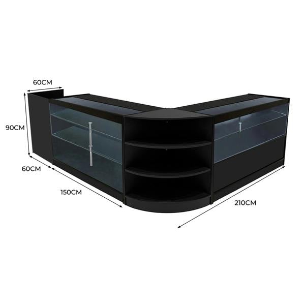 Theia LED Shop Counter Set in black features sleek glass displays, curved edges, and ample shelving for organized retail space