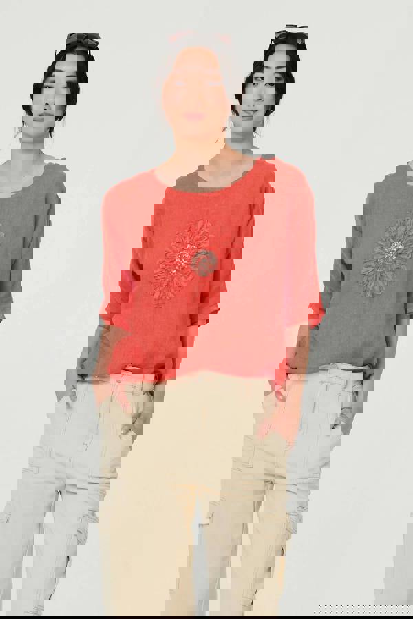 Orange | Sequin Textured Detail Relaxed Top : Model is 5'9"/175 cm and wears UK8/EU36/US4/AUS8