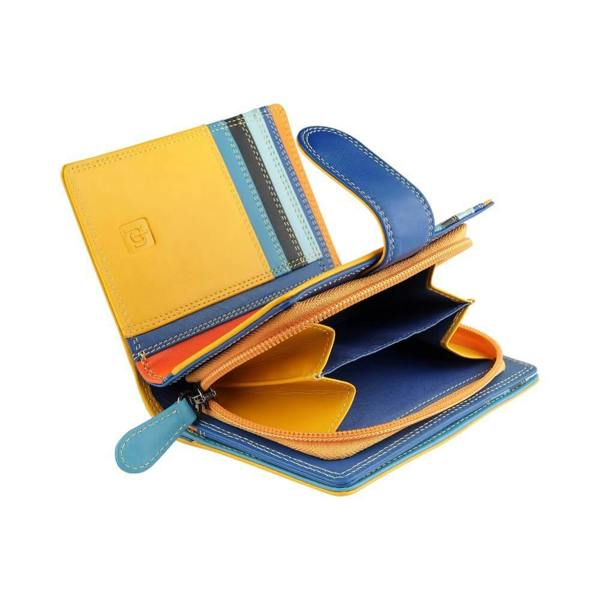 Multicolored wallet with open compartments on a white background