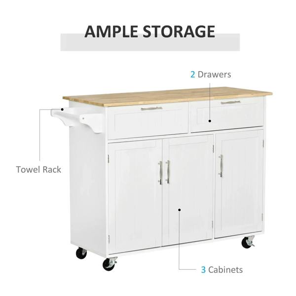White kitchen island cart with towel rack, two drawers, and cabinet doors with handles