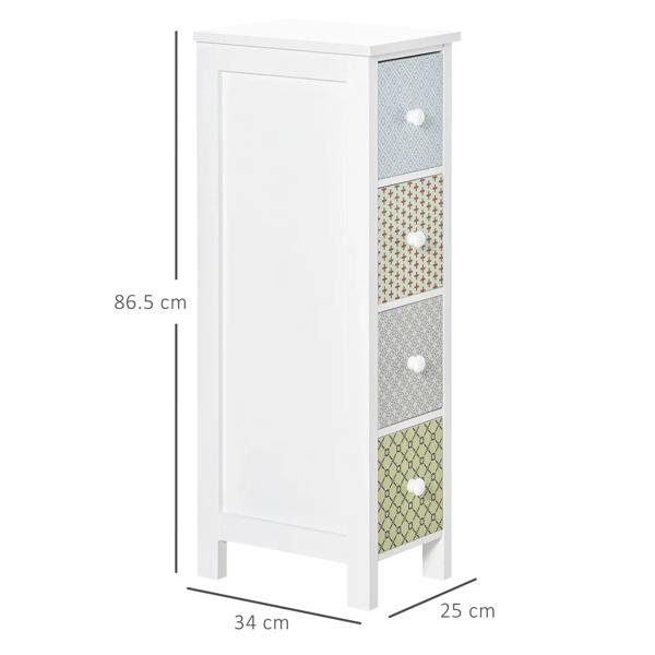 White tall storage cabinet with four patterned drawers, side view with size indicators.