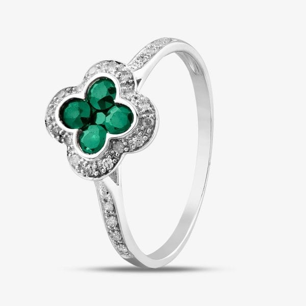 T. H. Baker 9ct White Gold Emerald & Diamond Quatrefoil Shaped Cluster Ring PR10950 EM