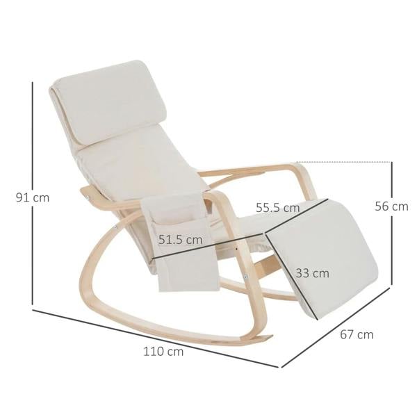 Cream white rocking lounge chair recliner showing measurements and adjustable footrest