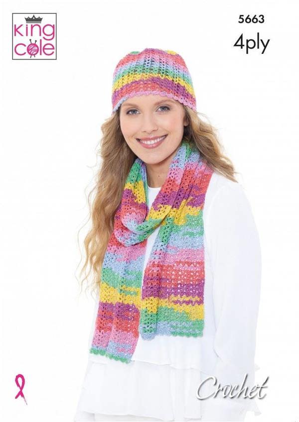 King Cole Summer 4 Ply Crochet Pattern 5663, Scarves, Headwear, Shawls, Wraps for Women, One Size