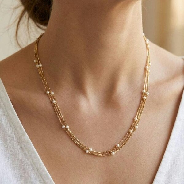The Colourful Aura Gold Plated Triple Layer Pearl Station Box Chain Necklace 18 Inch