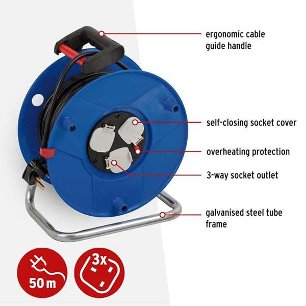 Brennenstuhl Garant 3-Way Socket Outlet Cable Reel 50m Heavy Duty Cable