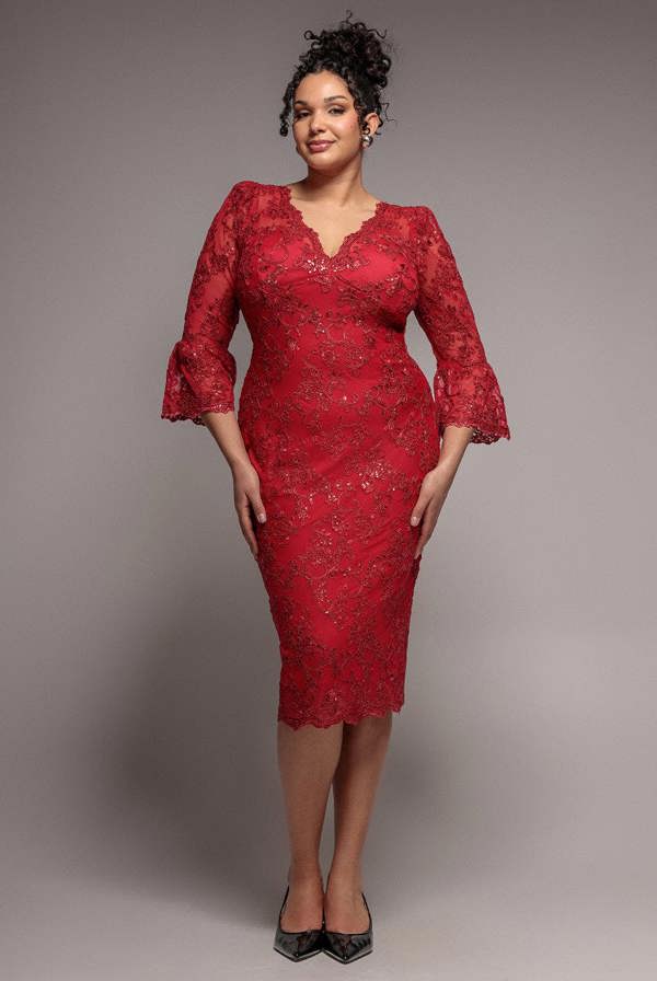 Goddiva Plus Scallop Lace Midi Dress- Red by Goddiva Plus - Red