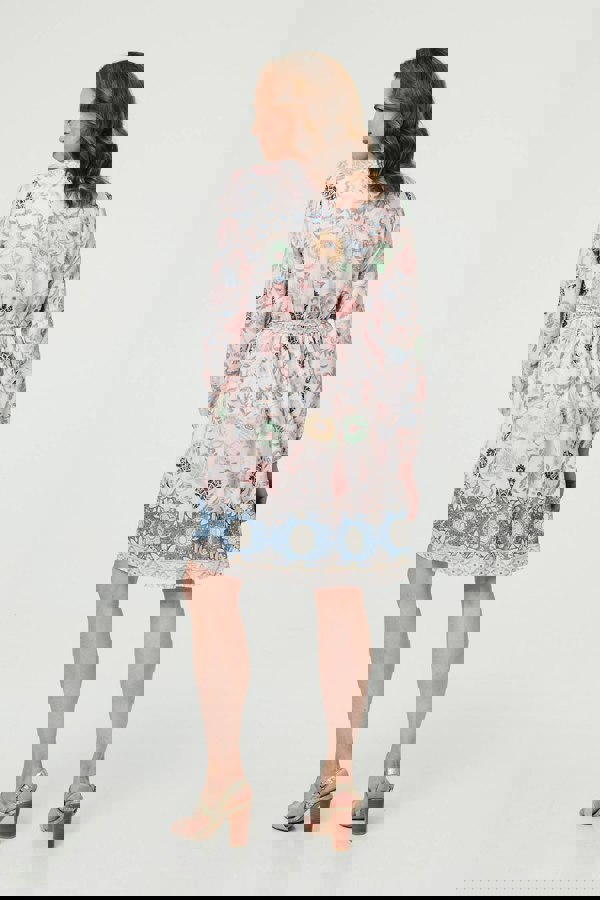 Pink | Border Print Tie Waist Knee Length Dress
