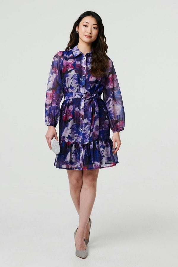 Blue | Floral Tie Waist Mini Shirt Dress

