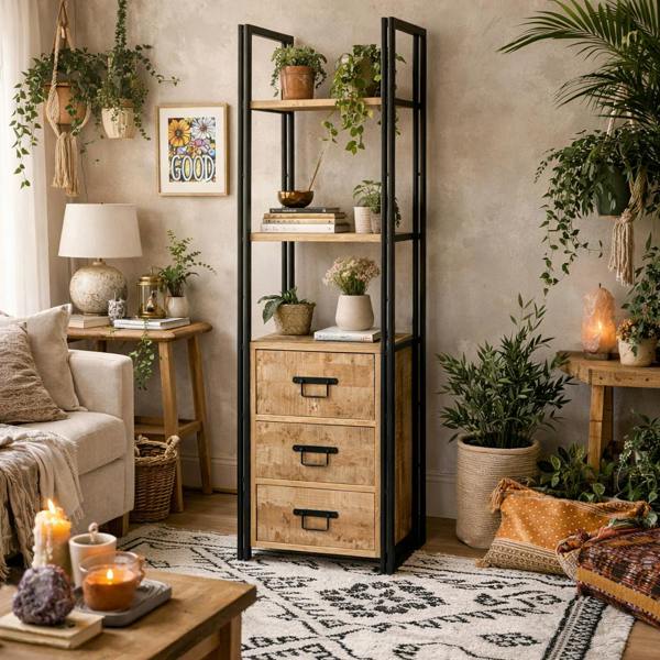 Wyld Haus Toivakka Industrial Reclaimed Wood and Metal Narrow Bookcase 3 Drawers