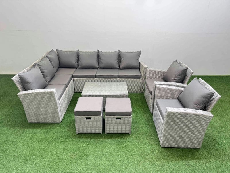 Fimous 10 Seater Garden Outdoor PE Rattan Furniture Set Rattan Garden Sofa Set with 2 Small Footstools Light Grey Mixed