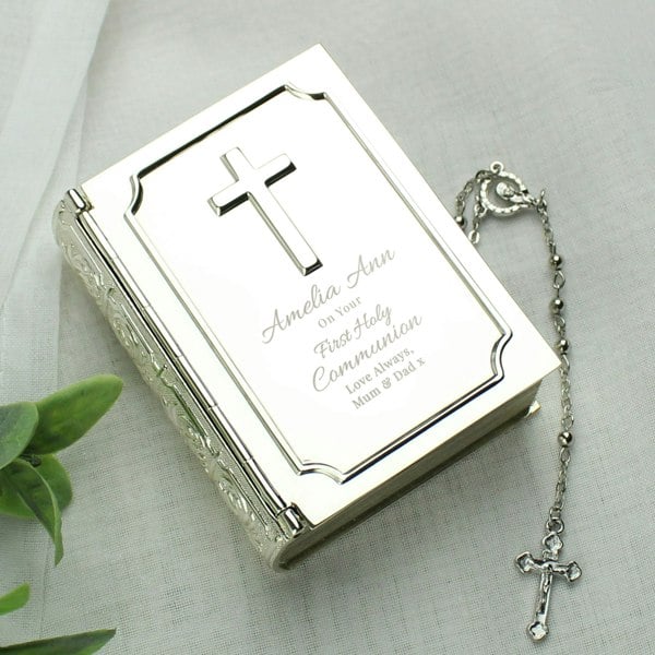 Personalised Memento Company Personalised First Holy Communion Bible Trinket Box with Rosary Beads